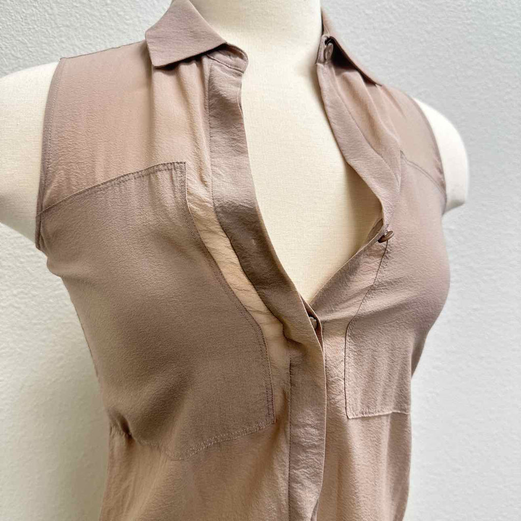 Theory Size Petite Beige Button Down Blouse with Collar