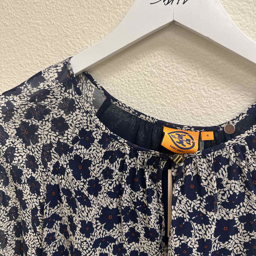 Tory Burch Size 4 Navy Printed Blouse with Tie Closure